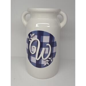Blue Gingham Farmhouse Utensil Canister Kitchen Vase Jug Decor Initial W